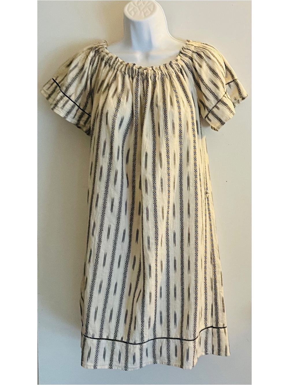 Just Living Ivory and Black Striped Ikat-Style Midi Dress